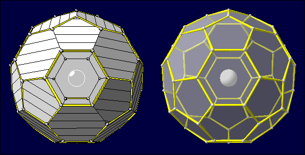 C60 fullerene with hatched polyhedron faces and semi-transparent faces