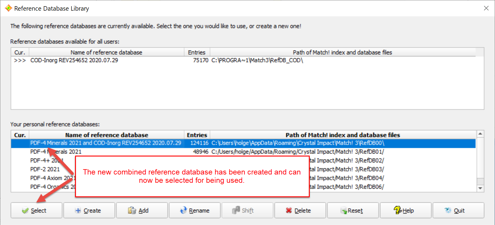 You can now select the new combined reference database for being used.