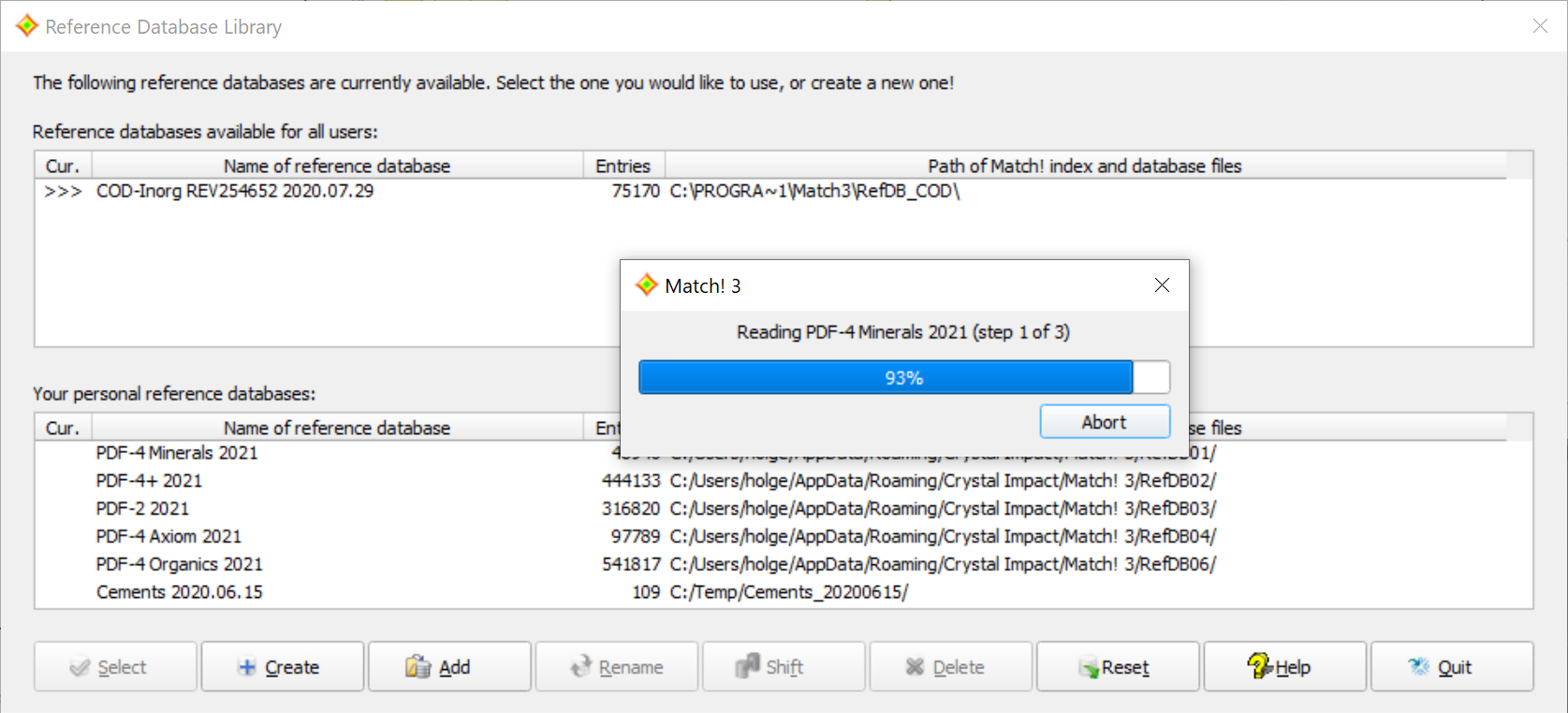 Please wait while Match! is creating index files for the new combined reference database.